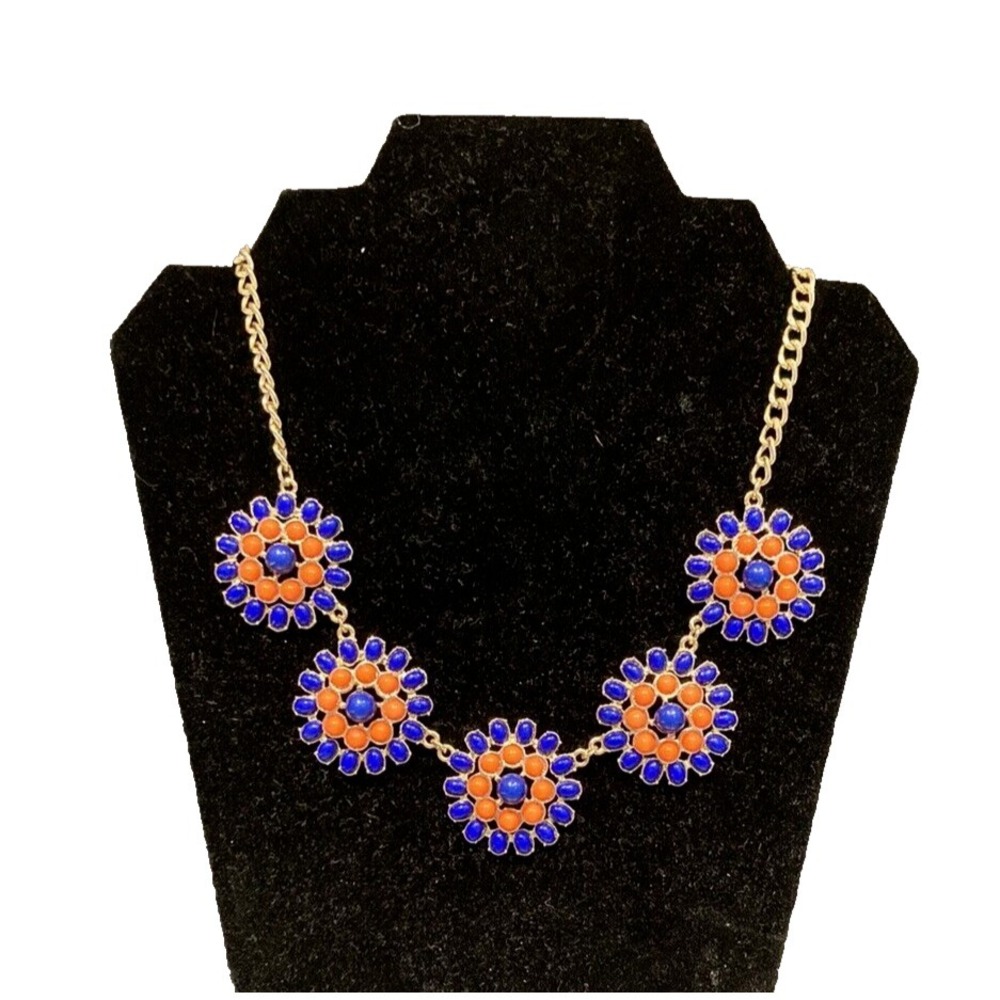 Fashion Necklace Cobalt Blue and Coral Flower Necklace 18.5" Adjustable